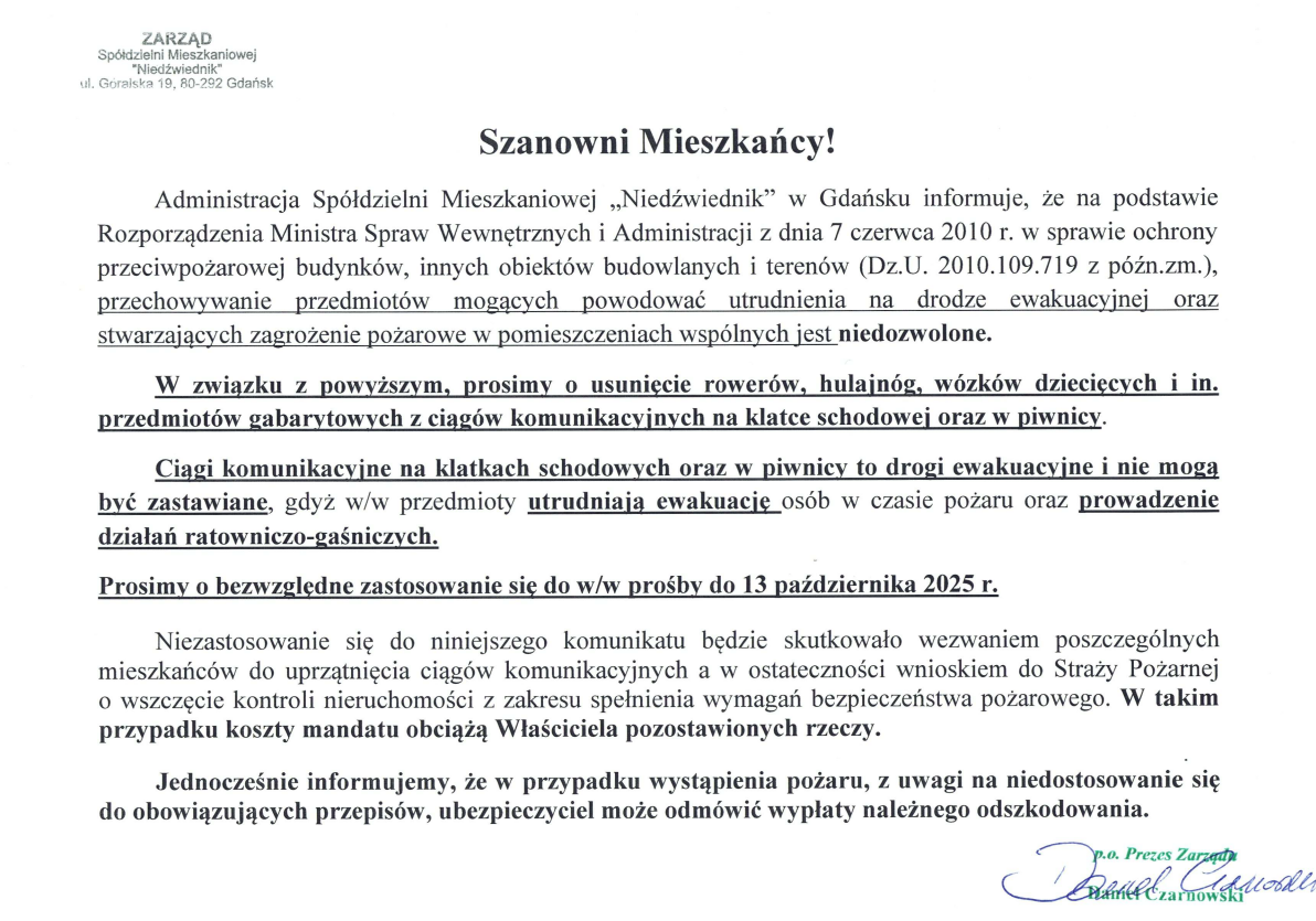 Komunikat o usunięciu przedmiotów